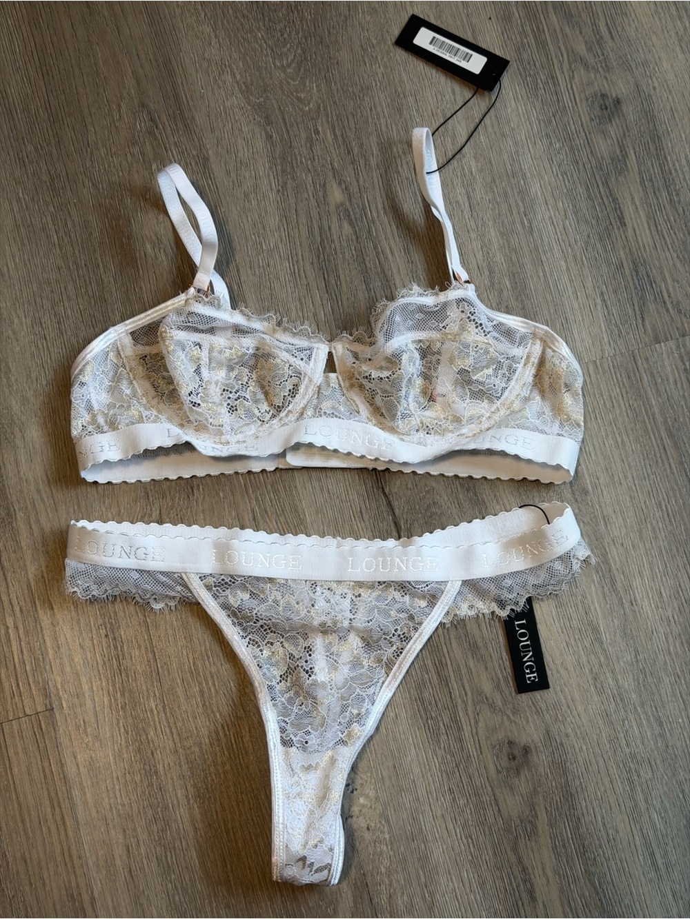 Lounge Underwire Lace Bra & Thong Set in White